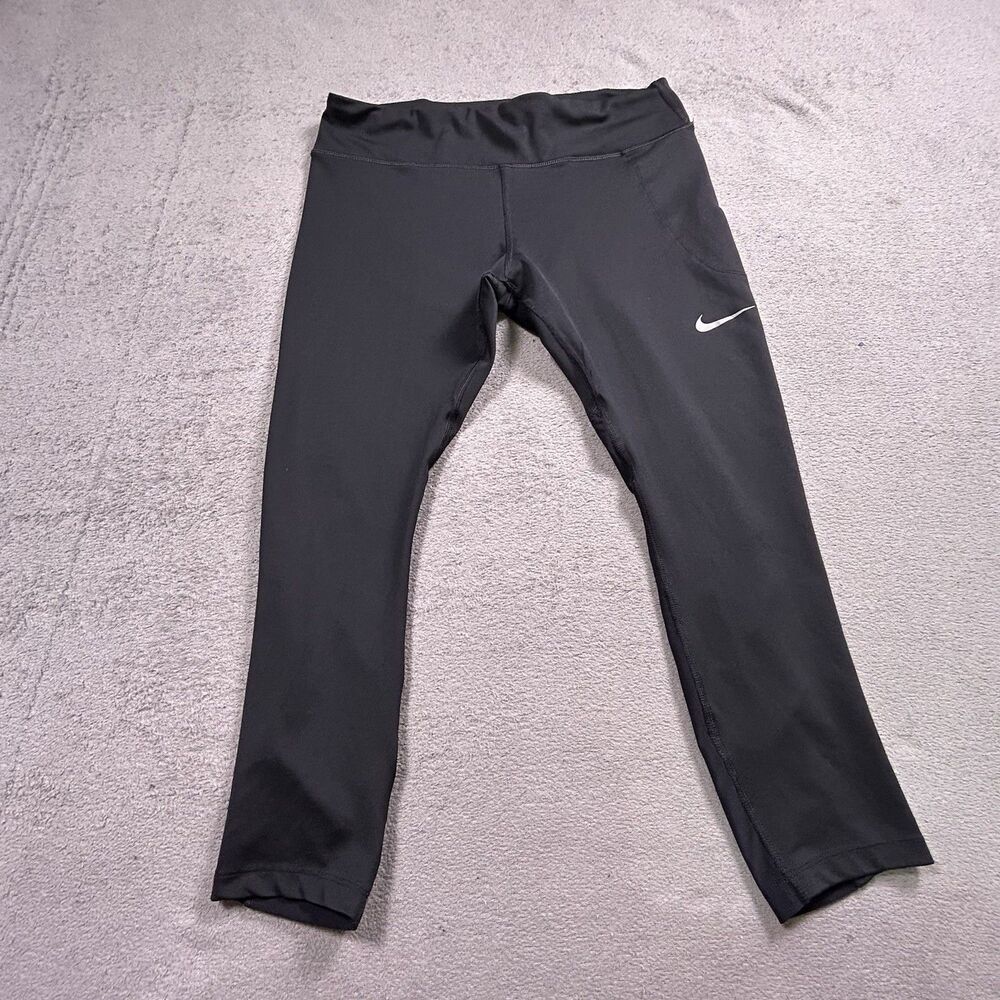 Nike Dri-FIT Fast Mid-Rise Running Leggings Womens L Black Cropped Mesh Trim